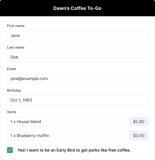 A sample form to order coffee, filled out with an example.
