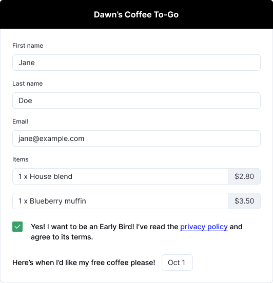 A sample form to order coffee, filled out with an example, with the privacy policy linked.