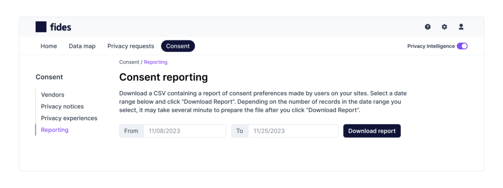 New consent management UI that features the data range customers can fill in to generate a report.