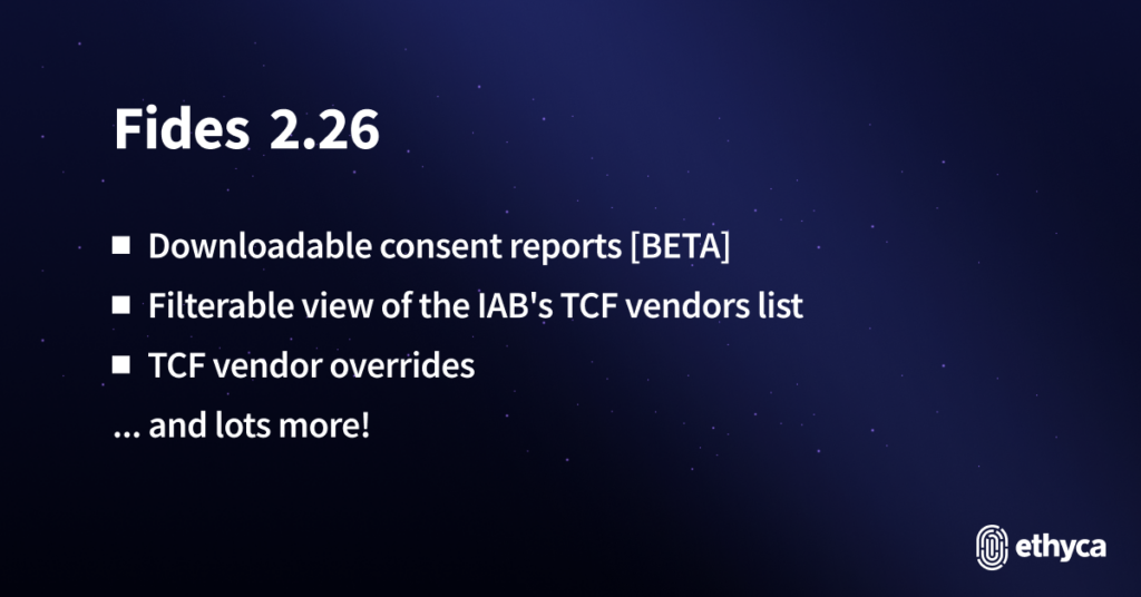 Dark blue Fides release card outlining the new features in the 2.26 release.